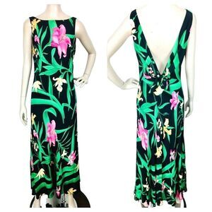 Vintage 90s Kamisato Tropical Floral Colorful Sleeveless V-Back Maxi Dress Sz. 8